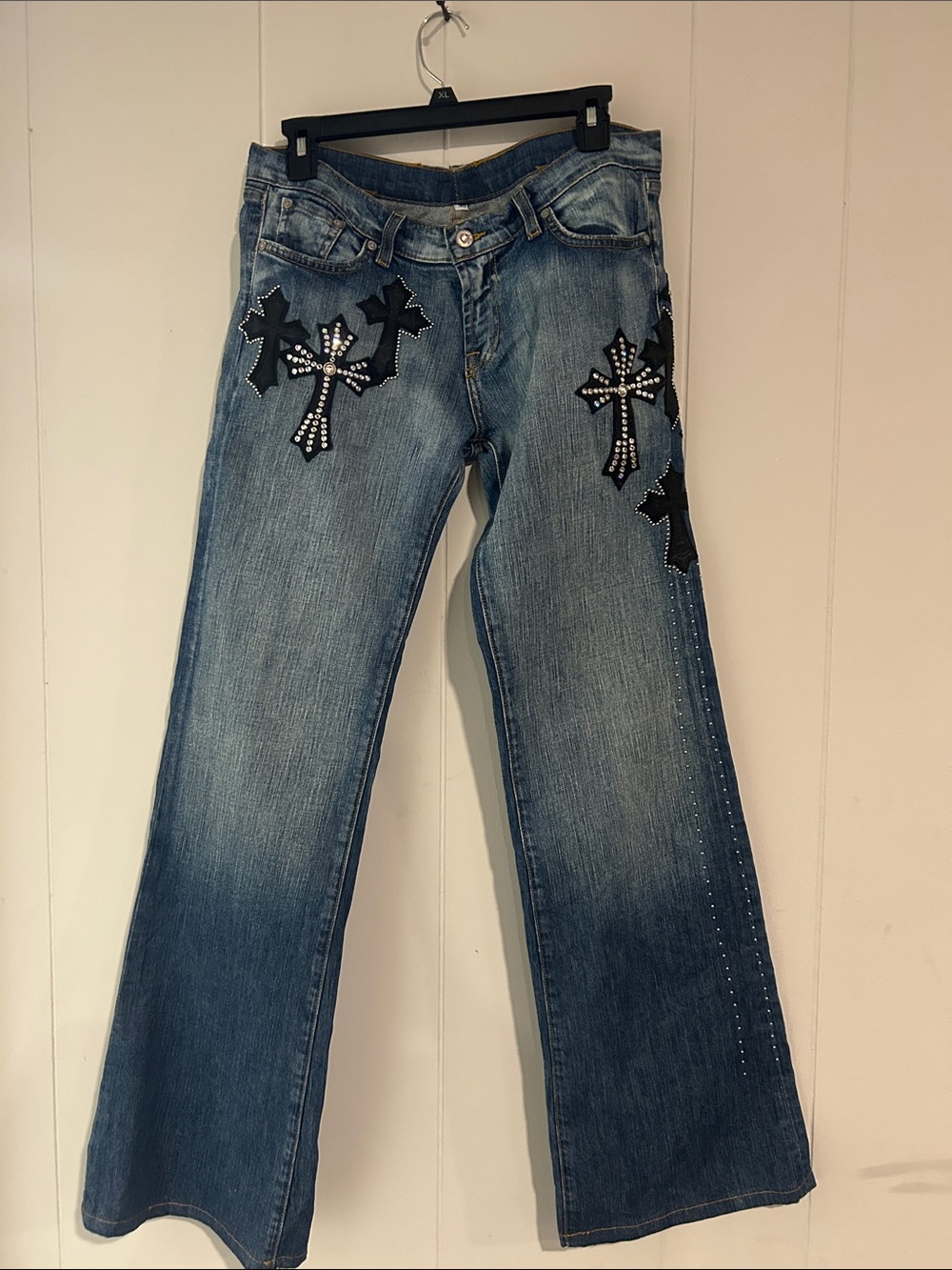Kippys Blue Bootcut Jeans with Black Leather Cross Appliqués with Crystals